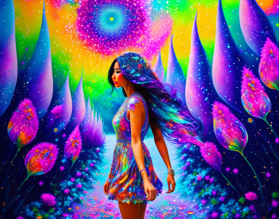 Woman in Glittery Dress in Psychedelic Landscape with Galaxy