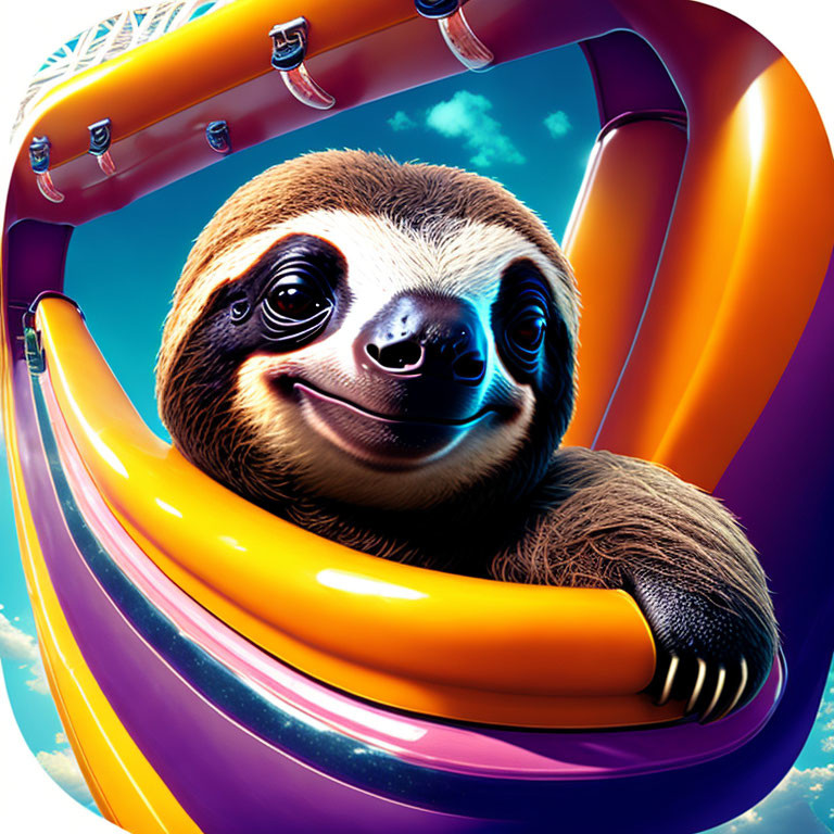 Colorful roller coaster ride featuring a cheerful sloth