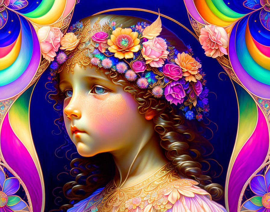 Colorful digital portrait: Young girl with floral crown and psychedelic background