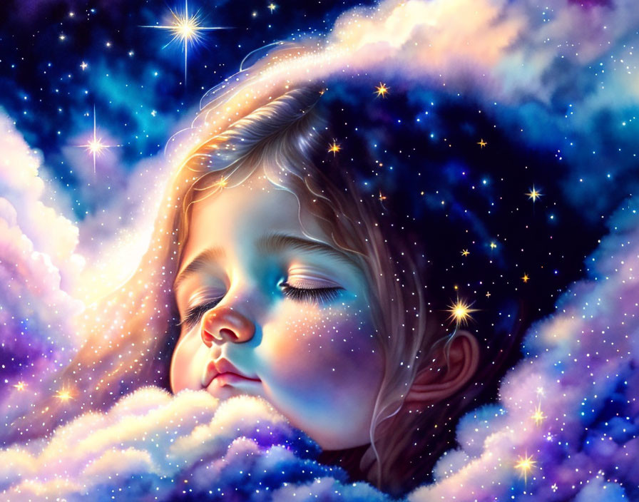 Child Sleeping Surrounded by Cosmic Clouds and Stars