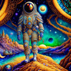 Detailed astronaut on alien landscape with vibrant vegetation