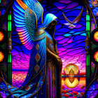 Colorful angel with blue wings in stained glass style with hummingbird and sunset.