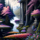 Fantasy landscape with pink and purple foliage, dark architecture, river, castle