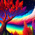 Colorful Psychedelic Fantasy Landscape with Prominent Tree