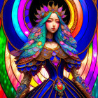 Colorful digital artwork: Woman with bird-like features in feathered gown