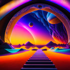 Sci-fi landscape with portal arch, planets, neon hues, and pyramids