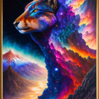 Starry cosmic fox in vibrant sunset landscape painting