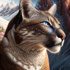 Detailed illustration of majestic tabby cat with blue eyes and gold jewelry in fantastical landscape.