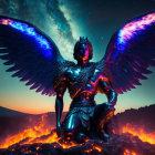 Iridescent-winged mythical figure in lava under starry sky