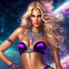 Illustrated cosmic-themed female figure in purple bikini top against starry space backdrop