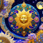 Colorful cosmic artwork featuring a golden sun face surrounded by celestial bodies and floral motifs.