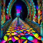 Colorful Psychedelic Corridor with Ornate Pillars and Mysterious Figure