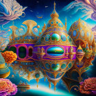 Fantastical floating airship in vibrant scene