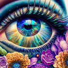 Vibrant eye illustration with intricate patterns and flowers on starry backdrop