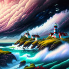 Fantasy landscape with lighthouse, colorful houses, boats, glowing water, and pink clouded sky