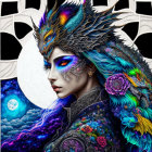 Vibrant woman with phoenix headdress in cosmic setting