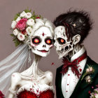 Gothic Romance Couple in Elegant Attire with Skull Makeup