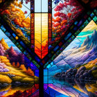 Colorful Stained Glass Window of Autumn Landscape