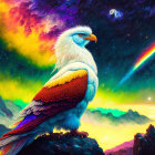 Colorful Mythical Eagle in Cosmic Sky with Mountains & Rainbow