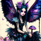 Gothic fairy with iridescent wings in mystical setting