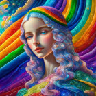 Colorful illustration: Woman with rainbow hair in cosmic setting