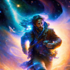 Colorful digital art: Bearded man in space with galaxies, stars, dove, cosmic energy.