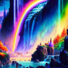 Colorful Fantasy Landscape with Rainbow Waterfall & Whimsical Architecture