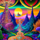 Colorful Psychedelic Landscape with Trees, Mountains, Moons, and Orbs