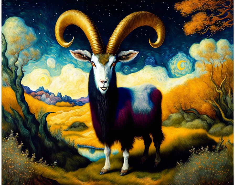 Colorful Goat Painting in Whimsical Landscape