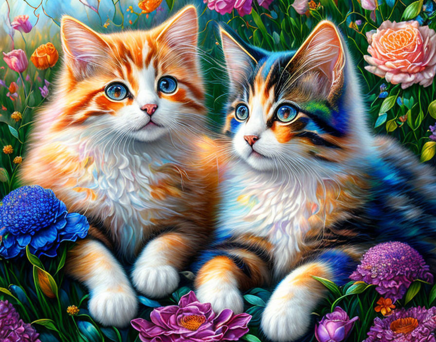 Multicolored Kittens with Blue Eyes in Vibrant Garden