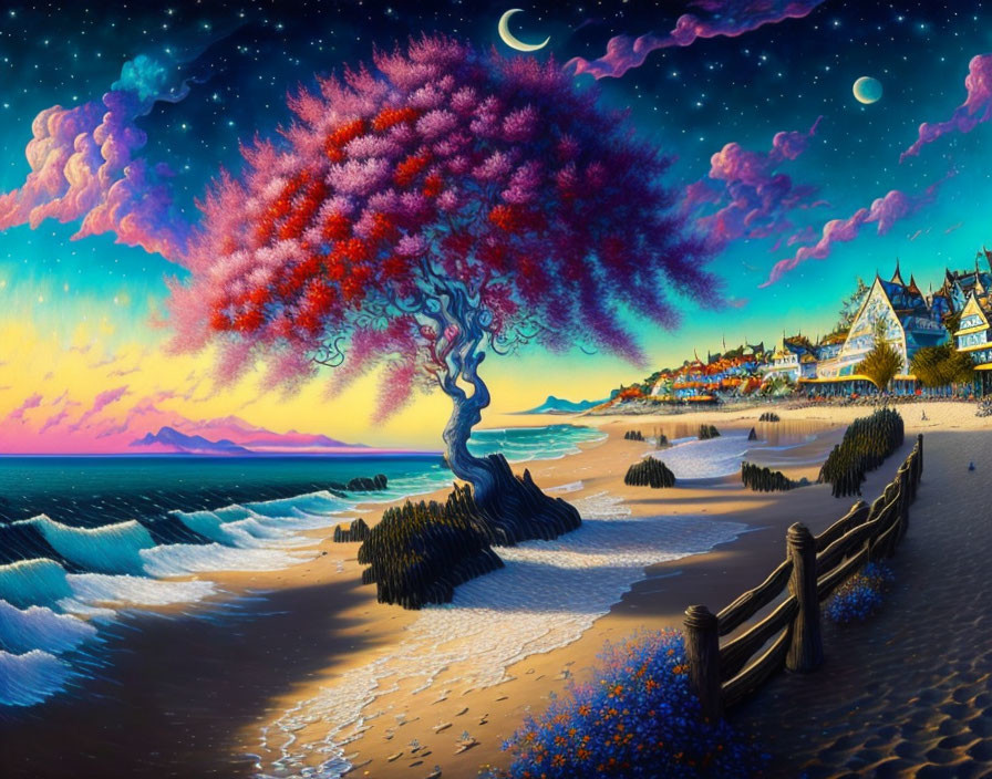 Vibrant beach landscape with twisted tree, colorful foliage, crescent moon, stars, and quaint