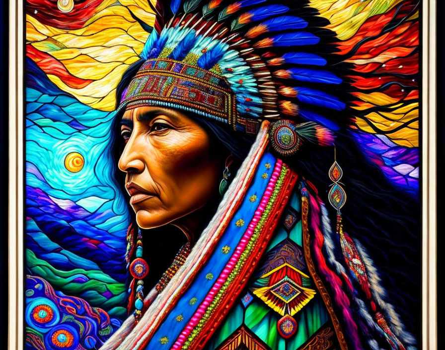 Colorful Native American chief portrait in stained glass style