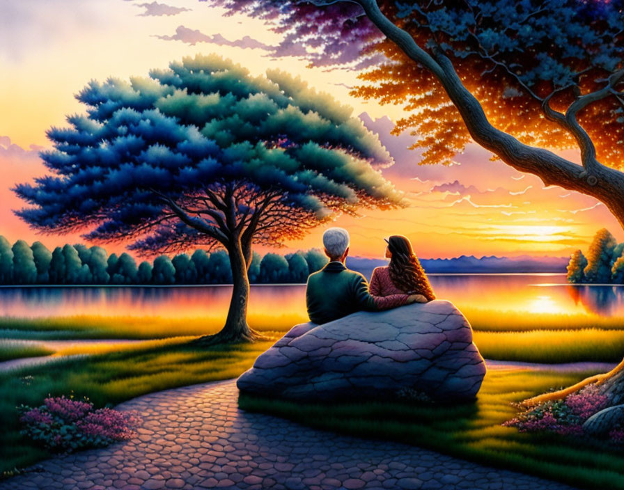 Couple enjoys vibrant sunset by serene lake