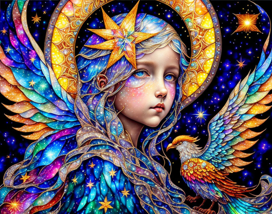 Child with Blue Eyes Surrounded by Halo, Wings, and Phoenix in Fantasy Illustration