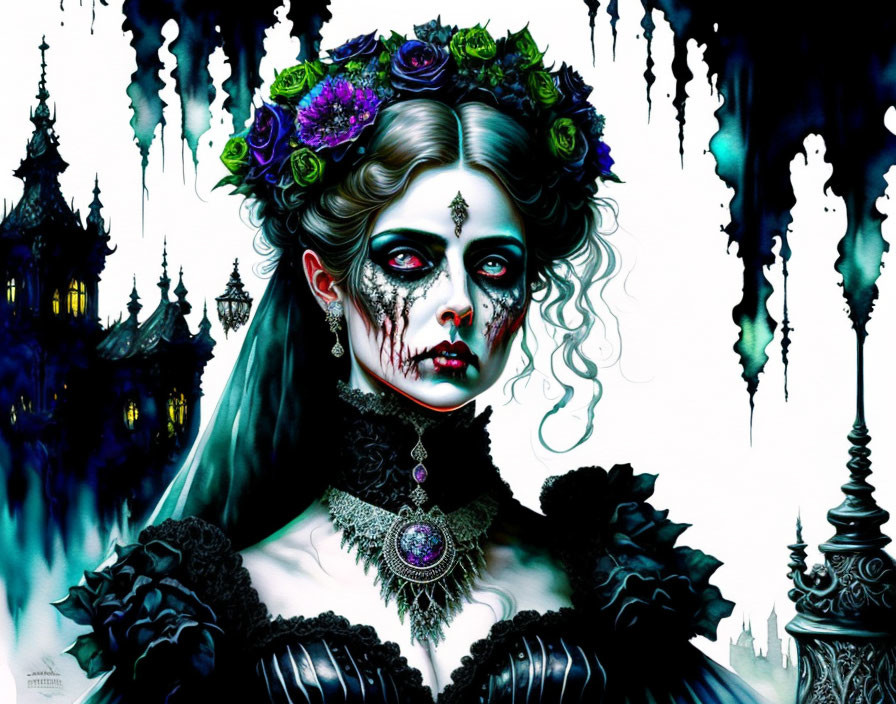 Gothic makeup woman with floral headpiece in dark castle setting