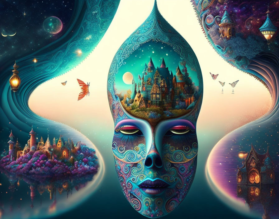 Intricate surreal portrait with whimsical landscapes and celestial backdrop