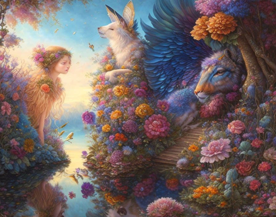 Fantastical female figure with flowers gazing at majestic winged wolf in vibrant floral landscape