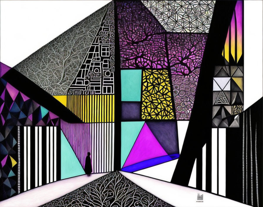 Abstract geometric artwork: Black, white, vivid colors, intricate patterns, solitary figure