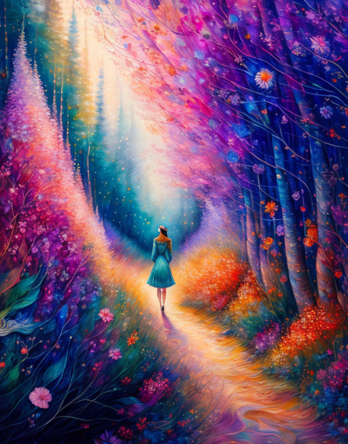 Person in Blue Dress Stands in Colorful Forest with Sunlight and Flowers