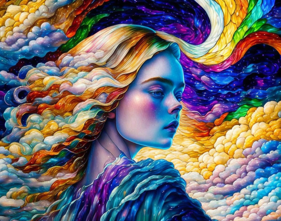 Colorful Hair Woman in Psychedelic Cloud Background