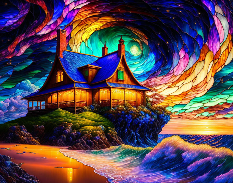 Surreal landscape with warm-lit cottage by swirling sea