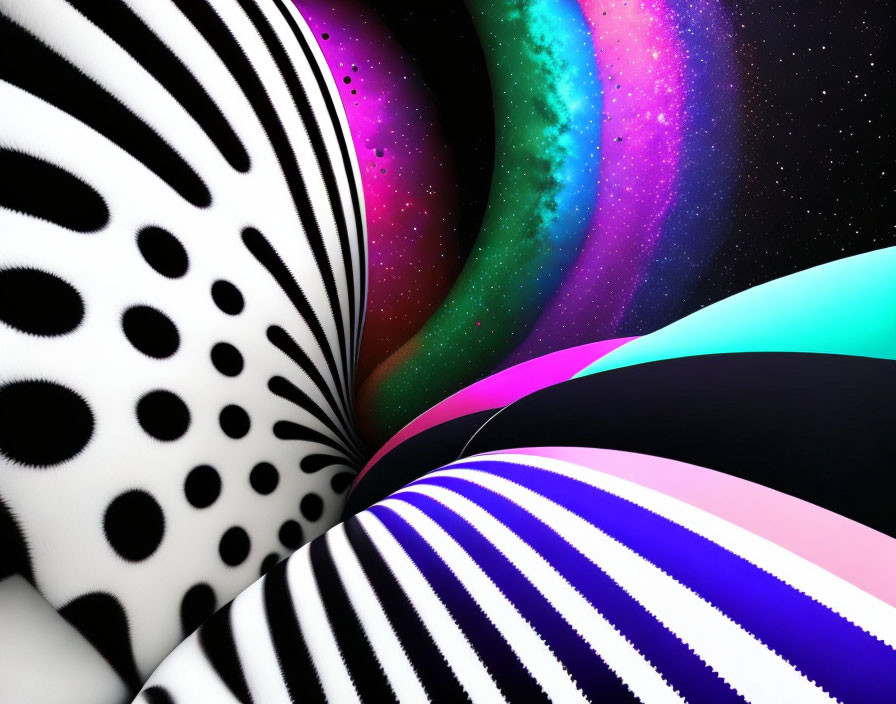 Abstract digital art: Wavy zebra-stripe pattern merges with cosmic starfield