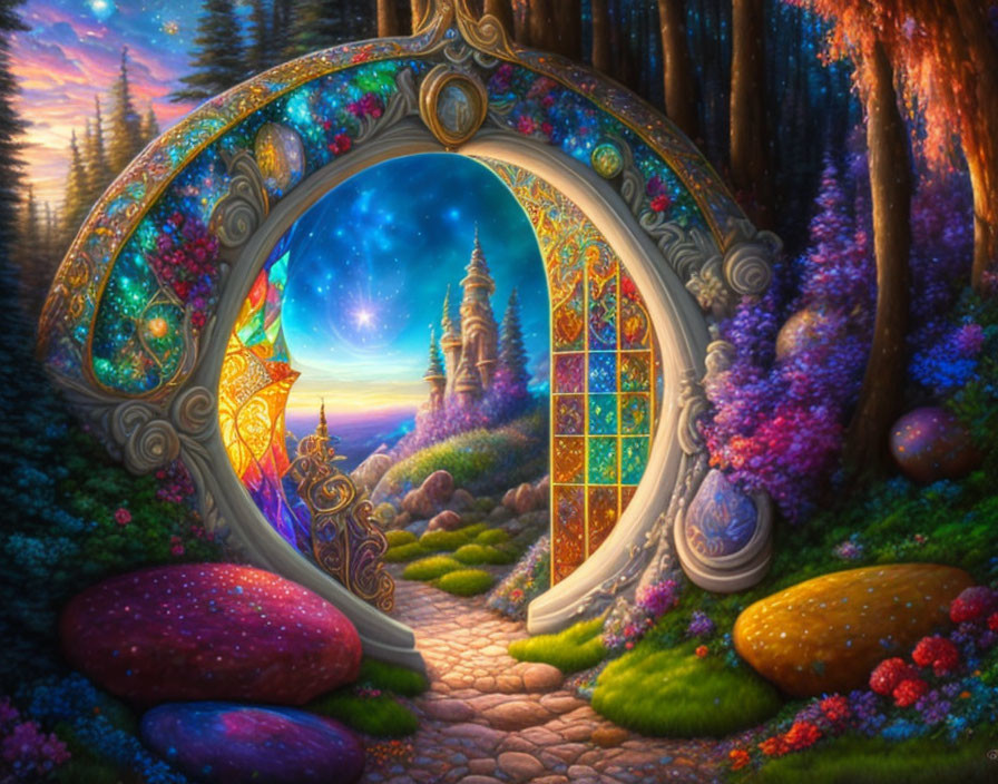 Fantasy landscape with mirror gateway, starlit sky, castle, cobblestone path, and colorful