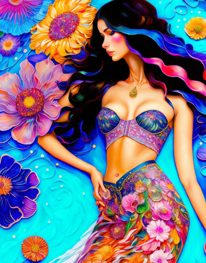 Colorful artwork: woman with flowing hair and vibrant flowers on blue background