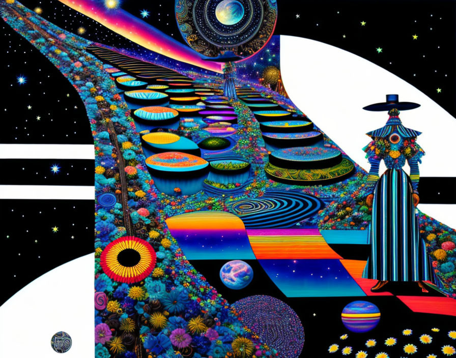 Colorful Cosmic Pathway with Planets, Stars, and Figure in Wide-Brimmed Hat