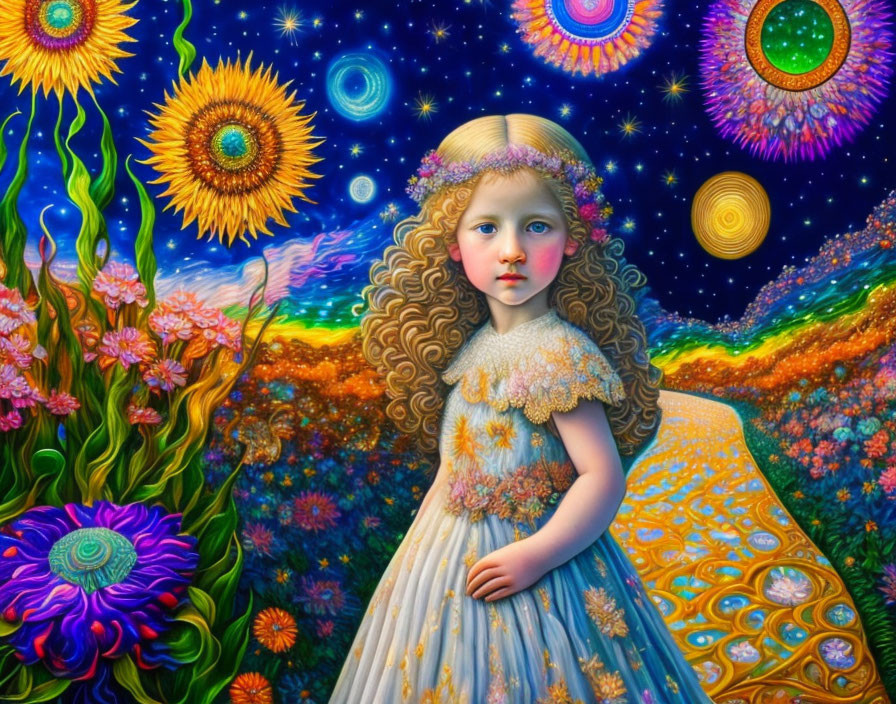 Curly-Haired Girl in Flower Dress Surrounded by Colorful Landscape