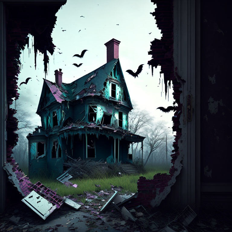 Creepy abandoned house with bats and torn wallpaper frame