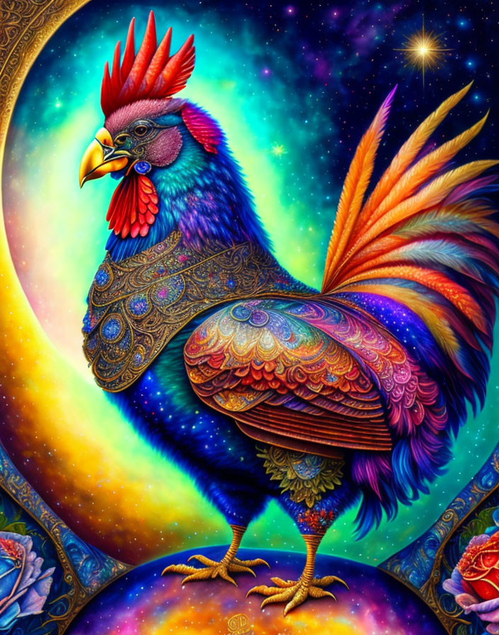 Colorful Rooster Illustration with Cosmic Background