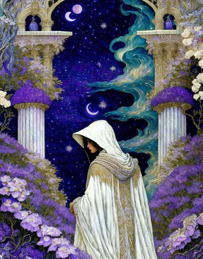 Cloaked Figure in Purple Flower Field Under Cosmic Night Sky