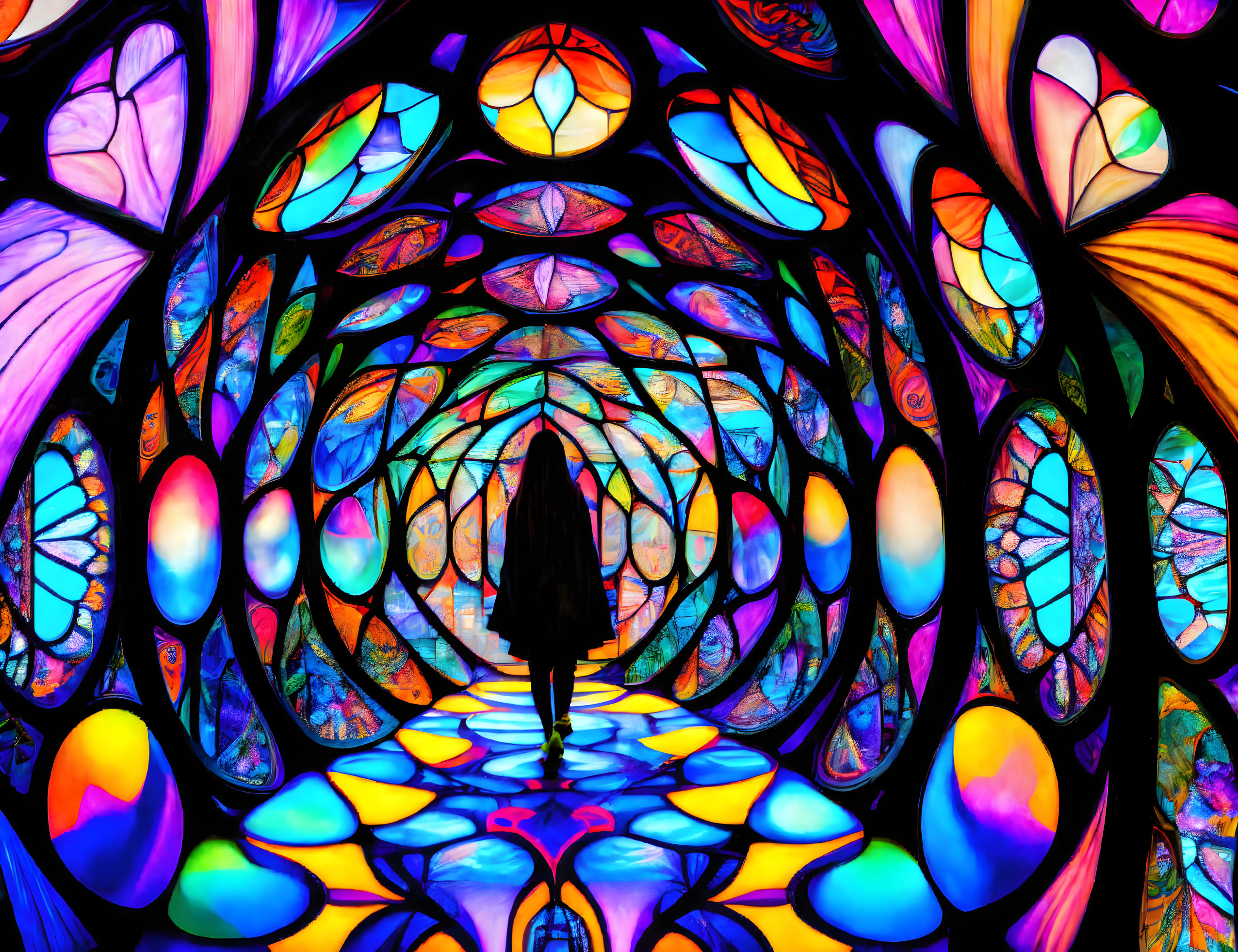 Colorful Psychedelic Tunnel with Abstract Stained Glass Patterns